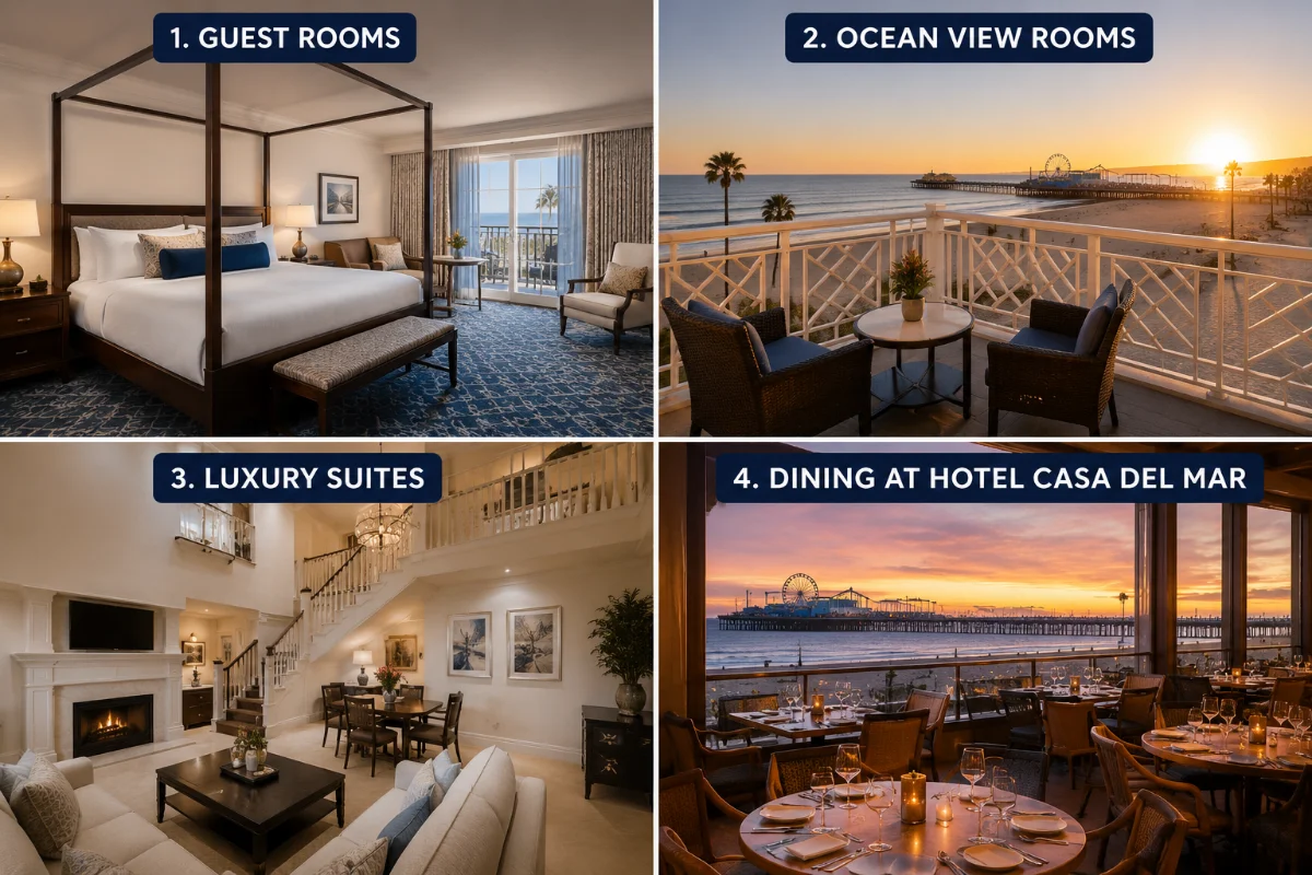 Hotel Casa del Mar rooms, ocean-view room, luxury suite, and beachfront dining in Santa Monica.