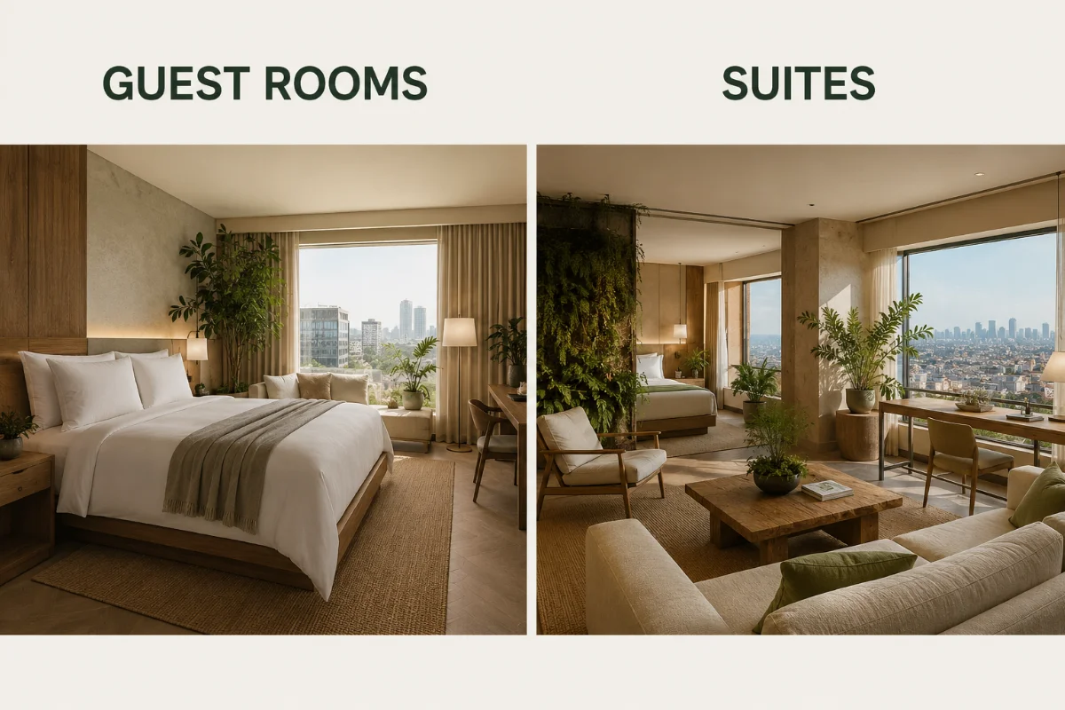 Luxury guest rooms and suites at 1 Hotel West Hollywood featuring natural materials, greenery, elegant interiors, and panoramic Los Angeles views.