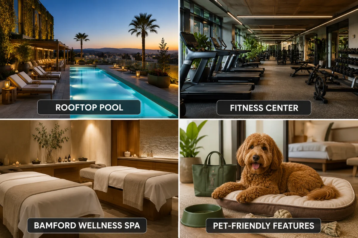 1 Hotel West Hollywood amenities featuring a rooftop pool, fitness center, Bamford Wellness Spa, and pet-friendly features.