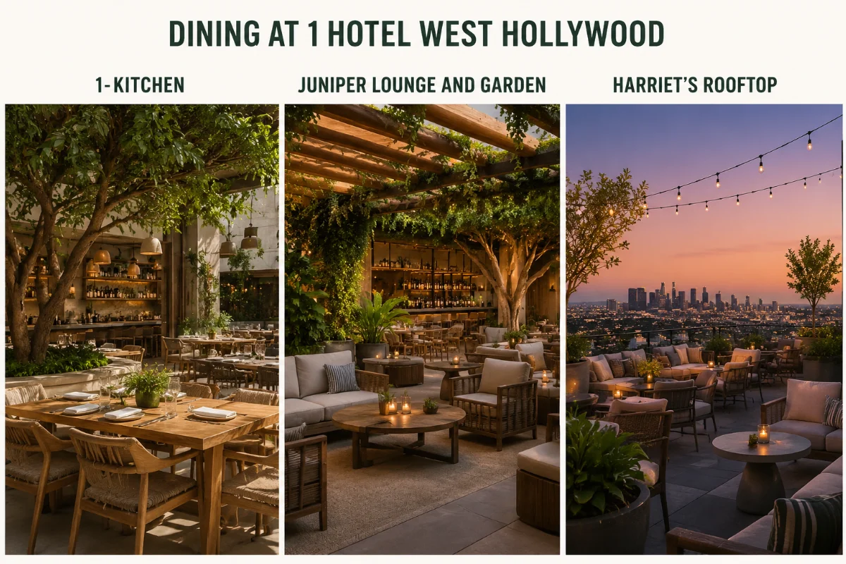 Dining at 1 Hotel West Hollywood featuring 1 Kitchen, Juniper Lounge and Garden, and Harriet’s Rooftop.