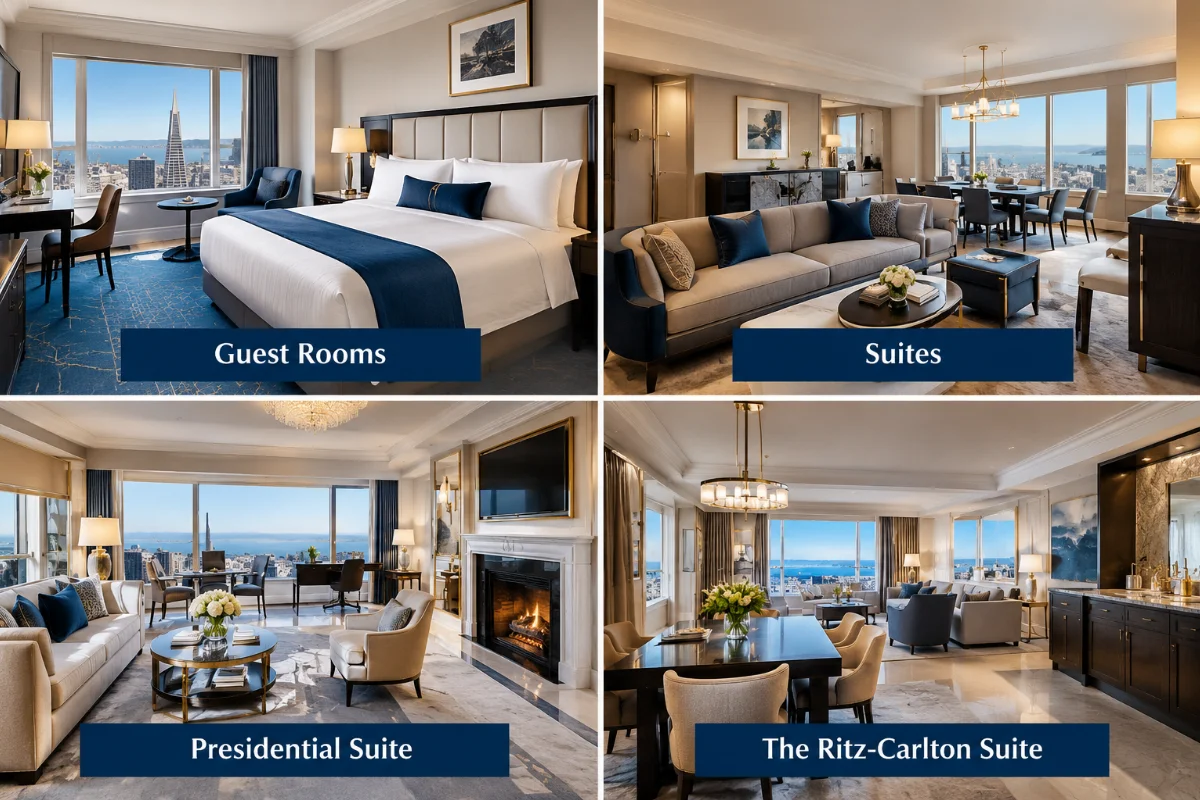 The Ritz-Carlton, San Francisco guest rooms and luxury suites, including the Presidential Suite and Ritz-Carlton Suite.