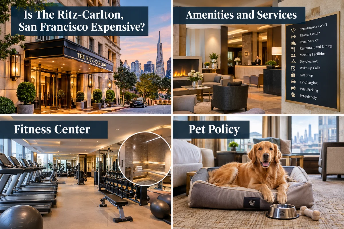 The Ritz-Carlton, San Francisco luxury hotel collage featuring the hotel exterior, amenities and services, fitness center, and pet-friendly accommodations.