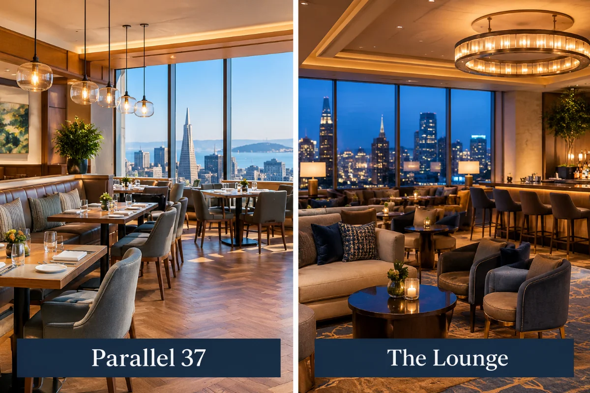 Elegant lounge area at The Ritz-Carlton, San Francisco, featuring plush seating and sophisticated decor for dining guests.