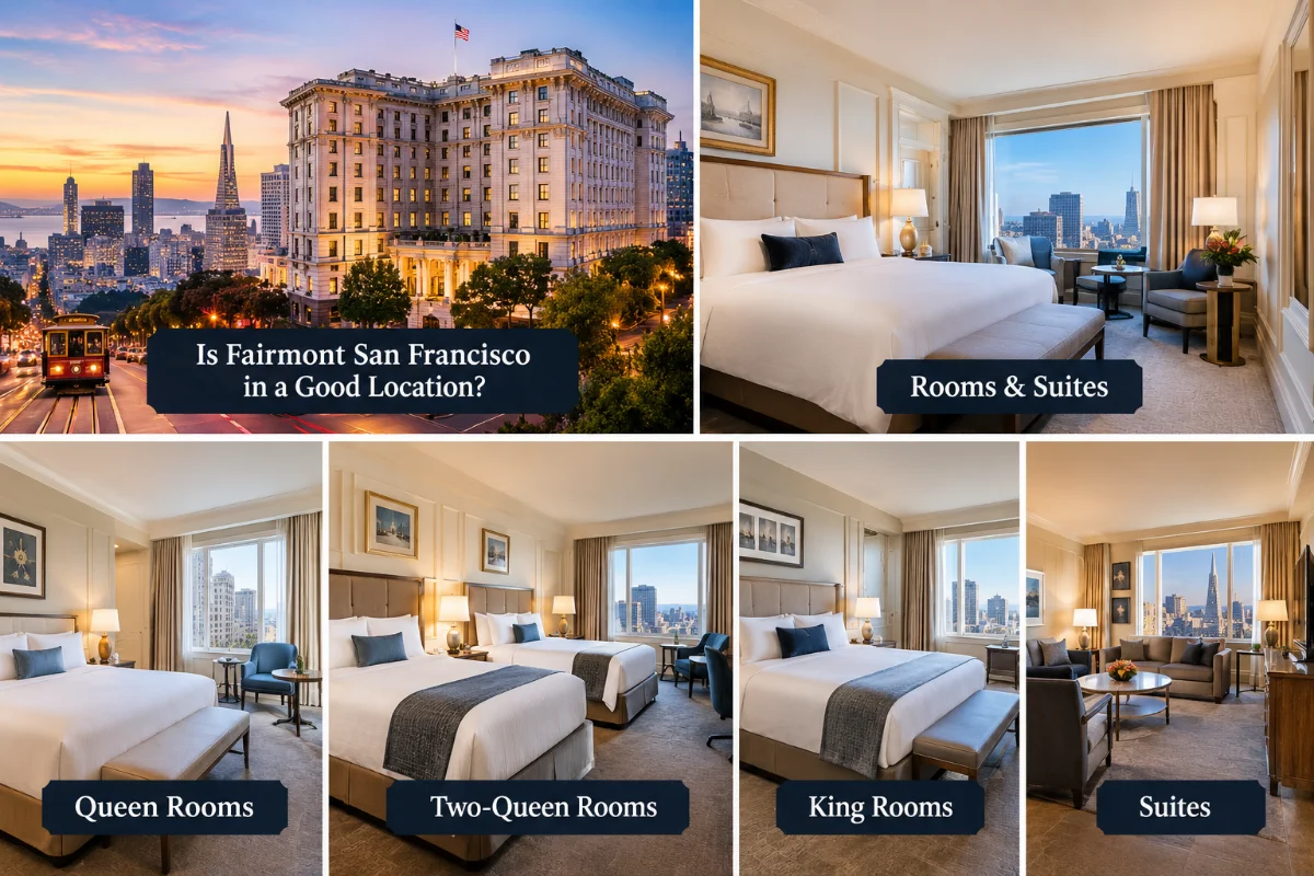Four hotel rooms displayed, each featuring a different scenic view: urban, coastal, mountainous, and lush garden.