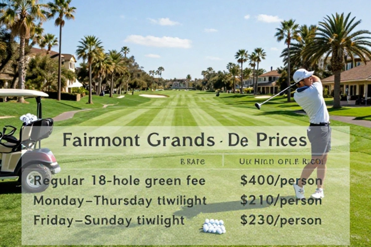 The regular 18-hole fee includes a cart, a sleeve of Taylor Made TP5x golf balls, a complimentary water bottle, and practice-facility access according to the hotel's current golf information.
