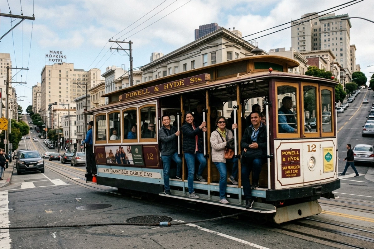 Historic San Francisco cable car on a steep street