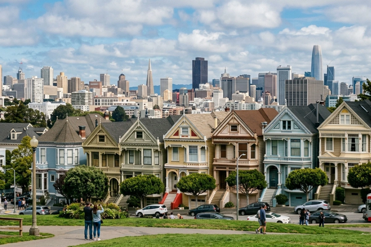Painted Ladies Victorian houses with San Francisco skyline