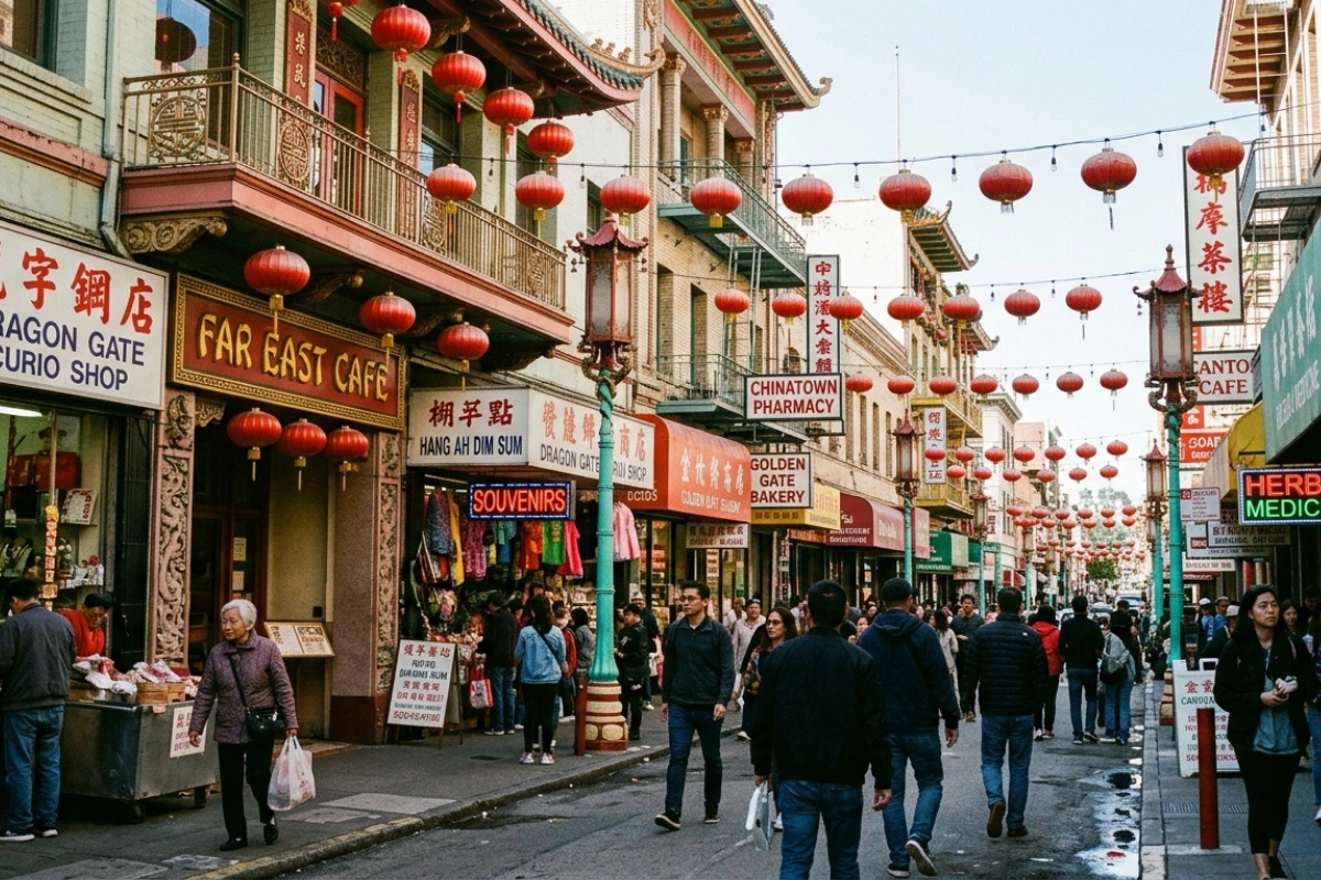 Colorful streets and lanterns in San Francisco Chinatown