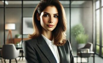 Malia Manocherian, dressed in a business suit, stands poised in a contemporary office setting, exuding professionalism.