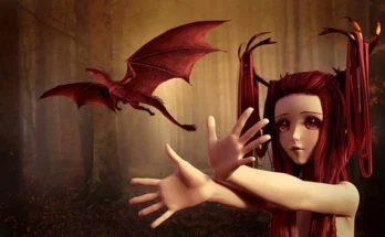 A girl with red hair and horns extends her hand towards a dragon in a captivating scene by Olympus Scanlation.