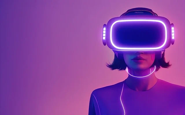 A woman engaged in AWM99X, donning a headset that immerses her in an interactive digital landscape.