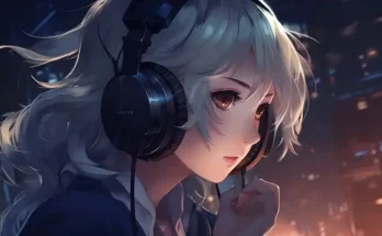 A young vuianime girl with headphones, surrounded by a bustling city, capturing the essence of modern urban culture.