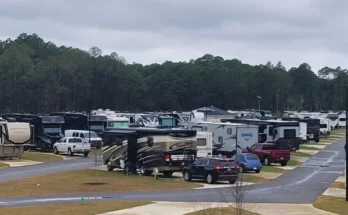 A large group of RVs parked in a spacious lot at 30a luxury RV resort, showcasing a vibrant outdoor lifestyle.