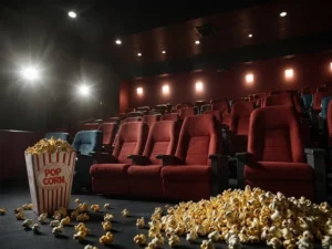 A popcorn bucket and comfortable chairs are featured in the upscale Clark Cinema 10 - A Luxury Seating Theatre.