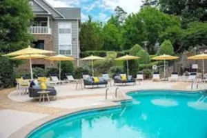 The pool area at Citra Luxury Apartments, located in the Reserve at Lakewood, Atlanta, featuring lounge chairs and greenery.