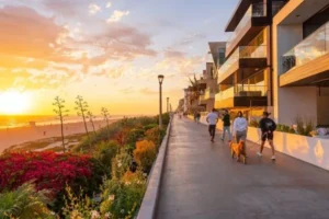 A couple strolls with their dog on Manhattan Beach during sunset, surrounded by a warm, colorful sky.