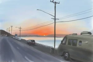 A painting depicting a van parked along the road near Las Tunas Beach, surrounded by natural scenery of sunrise.
