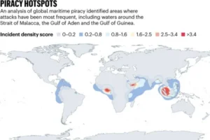 Map highlighting global maritime piracy hotspots, illustrating locations of significant piracy activity worldwide.