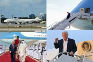 Donald Trump and Melania seen boarding an airplane, defending the use of a luxury jet from Qatar.