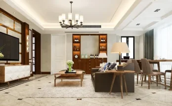 Elegant living room with polished marble floors and a large television, embodying the essence of axis luxury living​.