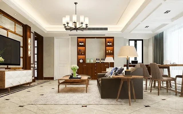 Elegant living room with polished marble floors and a large television, embodying the essence of axis luxury living​.