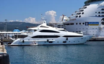 A large white yacht docked in the water, showcasing luxury mega yacht toronto rental​.