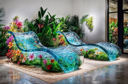 Two elegant glass chairs flanking a lush plant arrangement in the serene interior of Panacea Luxury Spa.