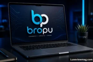 Bropu logo displayed on a laptop screen, showcasing branding and technology integration.