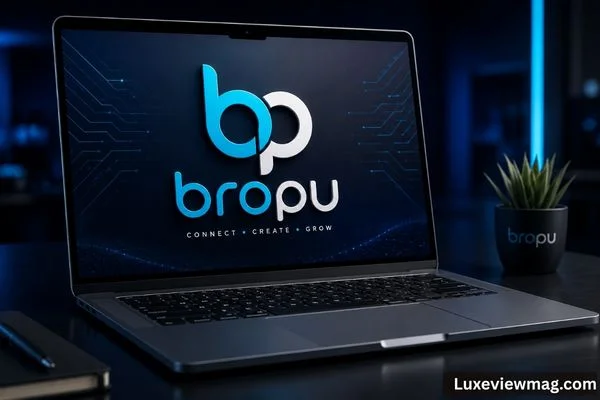 Bropu logo displayed on a laptop screen, showcasing branding and technology integration.