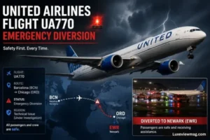 United Airlines flight UA770 in emergency diversion, with aircraft visible in the sky and emergency services on the ground.