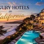 Luxury hotels in California overlooking the Pacific Ocean at sunset with a resort pool and coastal views.