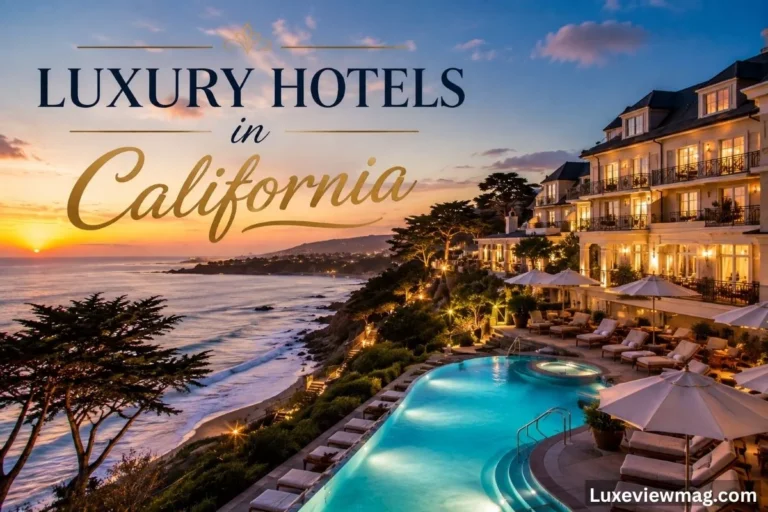 Luxury hotels in California overlooking the Pacific Ocean at sunset with a resort pool and coastal views.