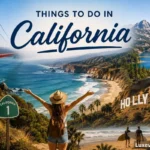 Things to Do in California featuring the Golden Gate Bridge, scenic coastline, mountains, beaches, and Hollywood sign.