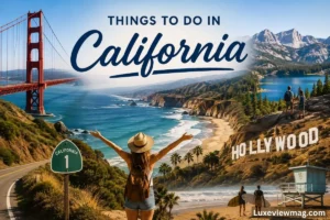 Things to Do in California featuring the Golden Gate Bridge, scenic coastline, mountains, beaches, and Hollywood sign.