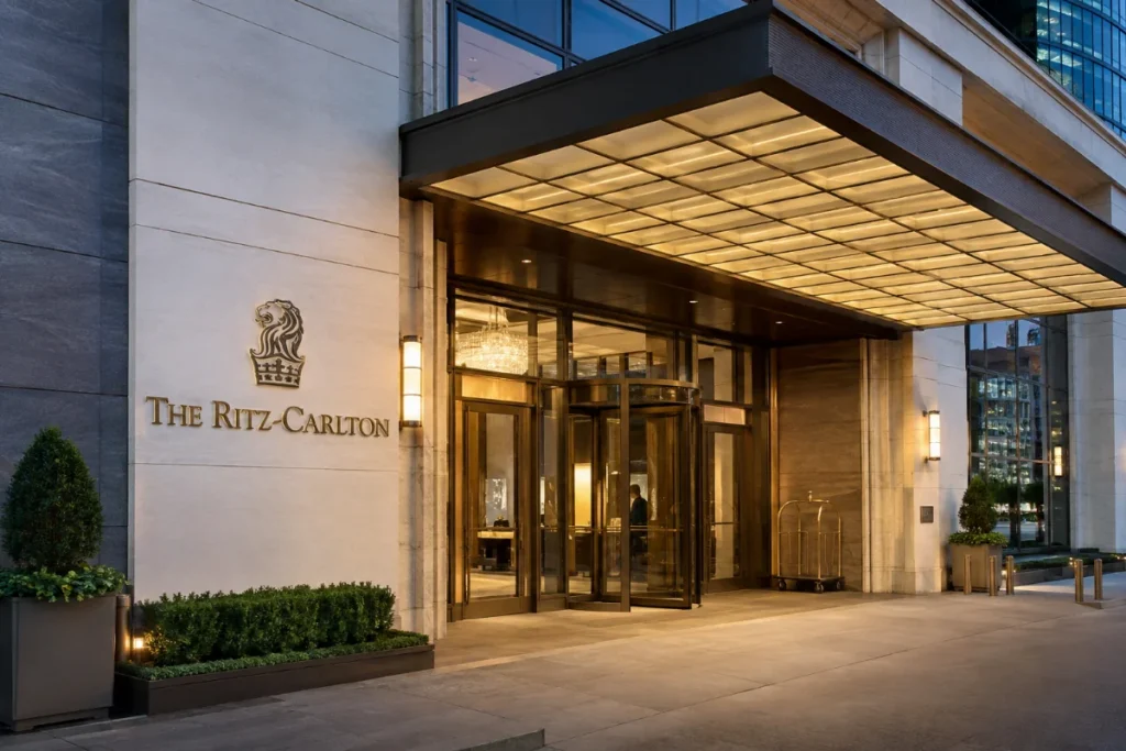 The Ritz-Carlton luxury hotel entrance with elegant architecture, warm lighting, glass doors, and landscaped surroundings at dusk.