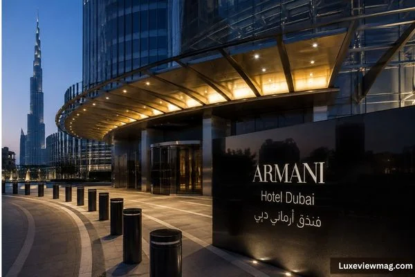 Armani Hotel Dubai entrance at dusk with Burj Khalifa visible in the background.
