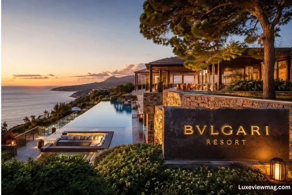 Bulgari Resort overlooking the sea with an infinity pool, luxury villas, and sunset views.