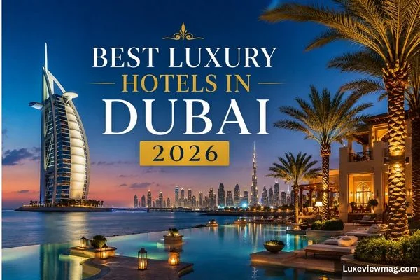 Best luxury hotels in Dubai 2026 with a luxury resort, Burj Al Arab, Burj Khalifa, infinity pool, and Dubai skyline at sunset.