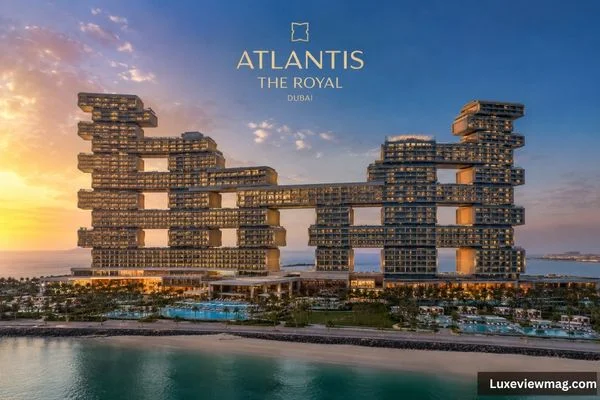 Atlantis The Royal Dubai luxury resort overlooking the Arabian Gulf at sunset.