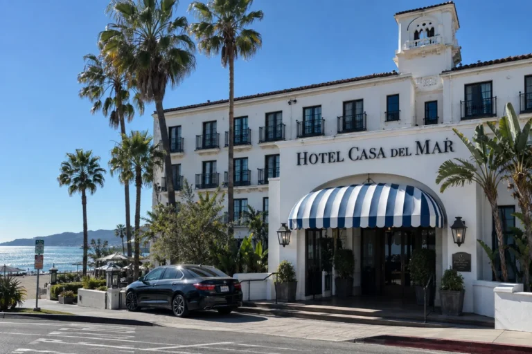 Hotel Casa del Mar exterior with palm trees and ocean view in Santa Monica.
