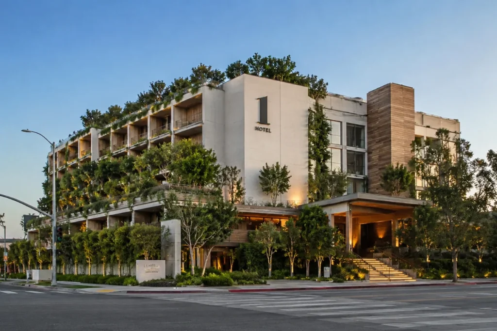 1 Hotel West Hollywood in Los Angeles, featuring lush greenery, modern natural-wood architecture, landscaped terraces, and a warmly lit entrance along Sunset Boulevard.