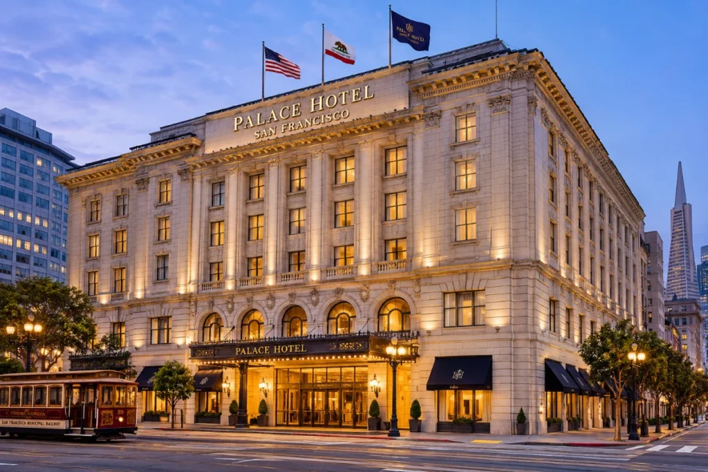 Palace Hotel San Francisco exterior at dusk, featuring its grand historic facade, illuminated entrance, and a classic San Francisco cable car in the foreground.