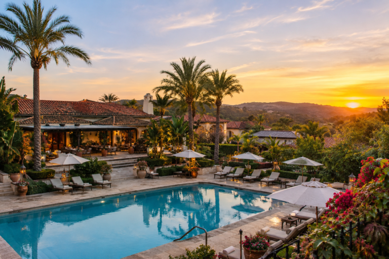Rancho Valencia Resort & Spa luxury resort with swimming pool, Mediterranean-style villas, palm trees, and sunset views in California.