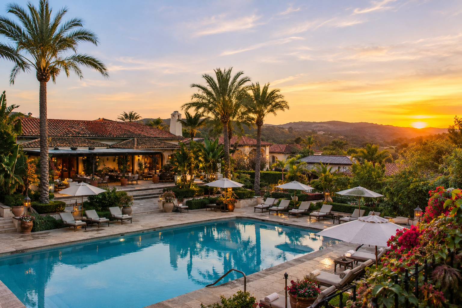 Rancho Valencia Resort & Spa luxury resort with swimming pool, Mediterranean-style villas, palm trees, and sunset views in California.