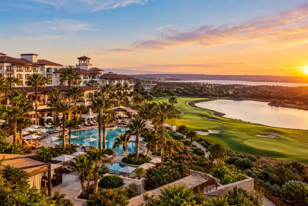 Park Hyatt Aviara Resort, Golf Club & Spa in Carlsbad, California, with swimming pools, landscaped gardens, and golf course.